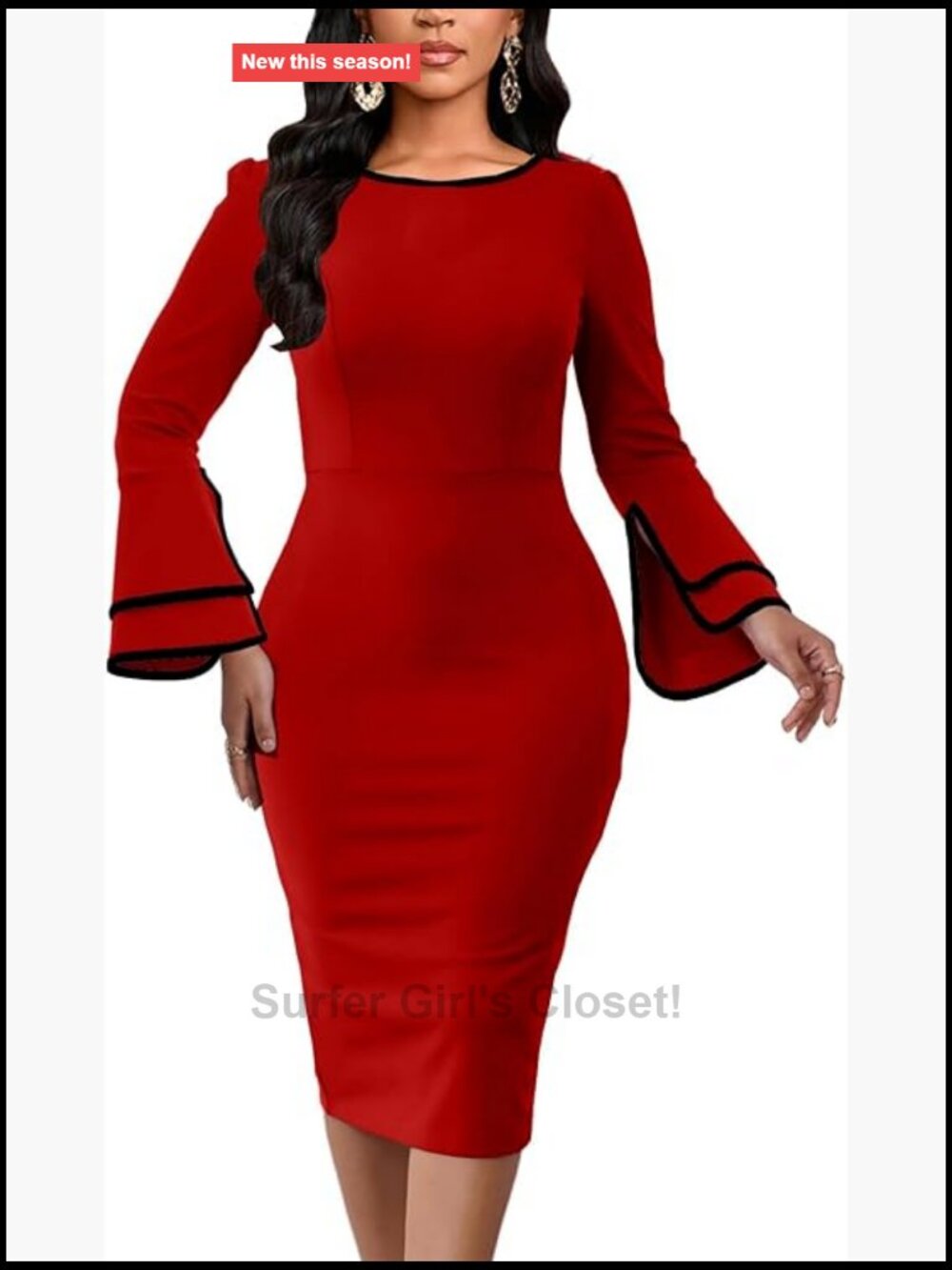 Elegant Midi Pencil Dress with Flared Sleeves, Bodycon Fit, Work & Church Dress